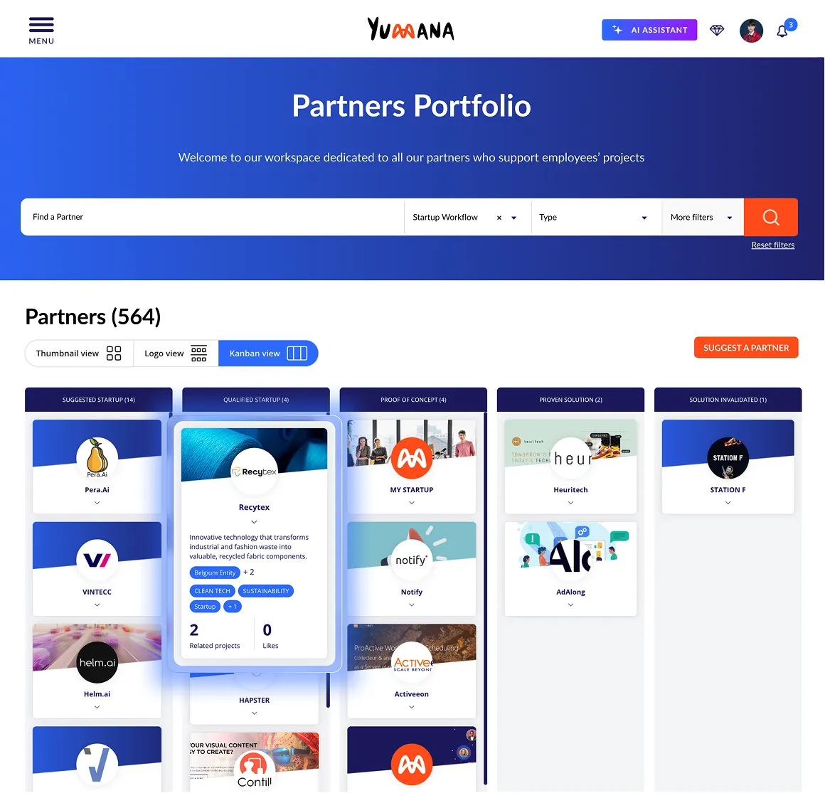 Partner ecosystem portfolio with Kanban workflow to manage startup collaboration and strategic scouting.