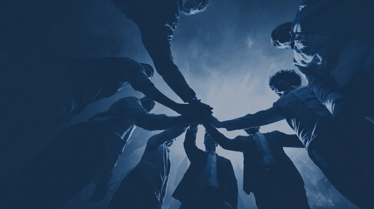 Group of diverse business people standing in a circle joining hands in teamwork gesture.