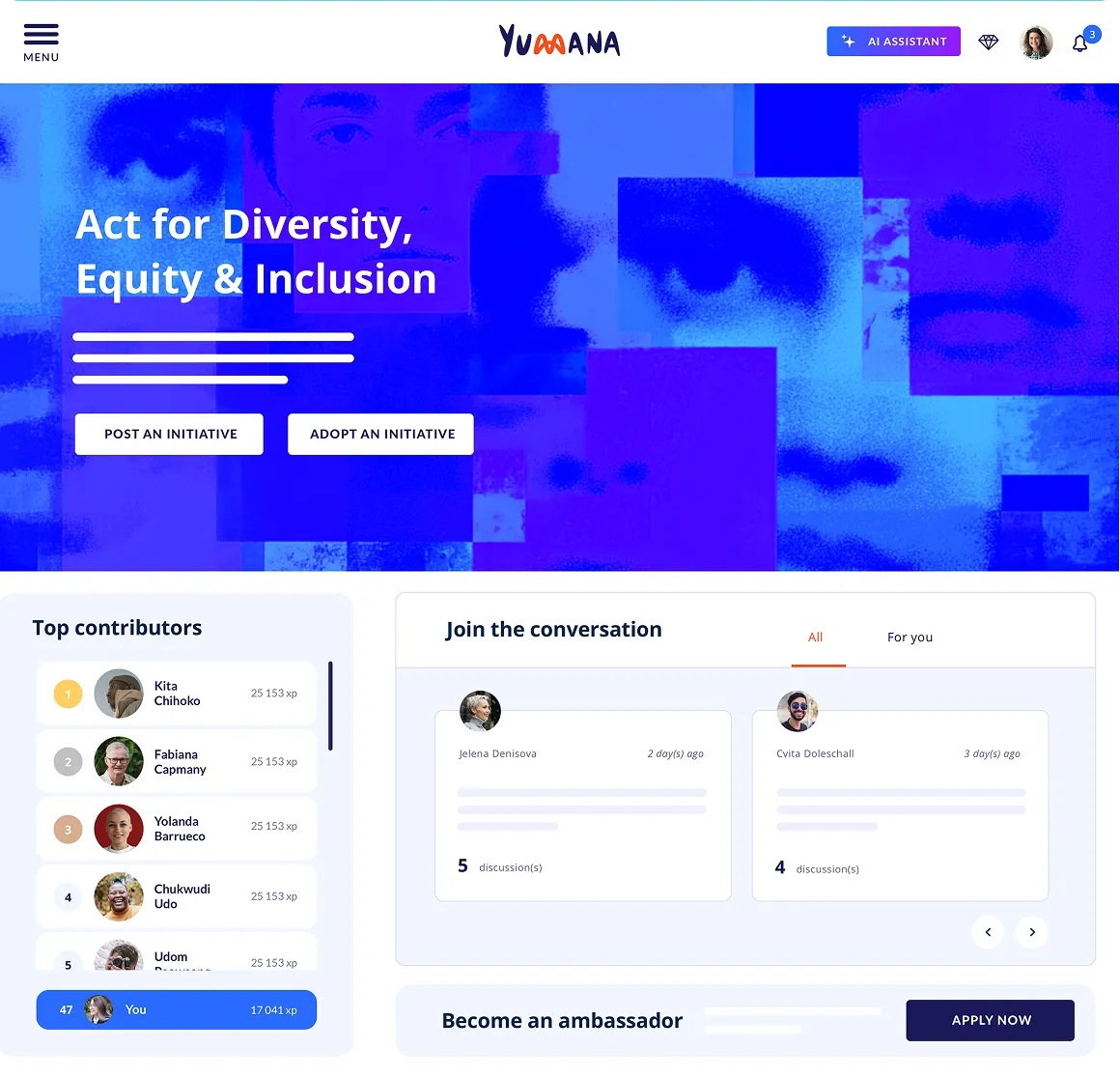 Visual representation of diversity, equity and inclusion initiatives supported through the Yumana community platform.