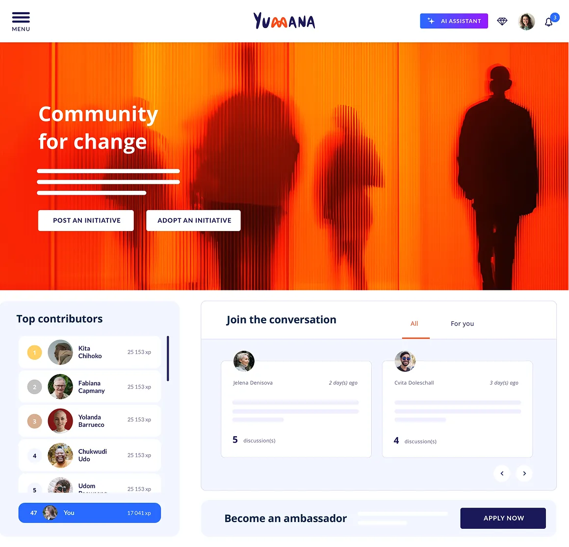 Yumana community platform showcasing members collaborating and sharing initiatives for social and environmental change.