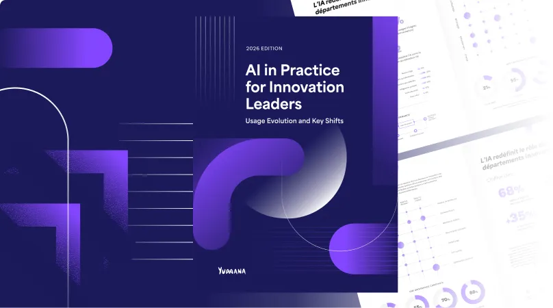 Cover page of the 2026 edition report titled AI in Practice for Innovation Leaders with abstract purple geometric shapes and faded charts in the background.