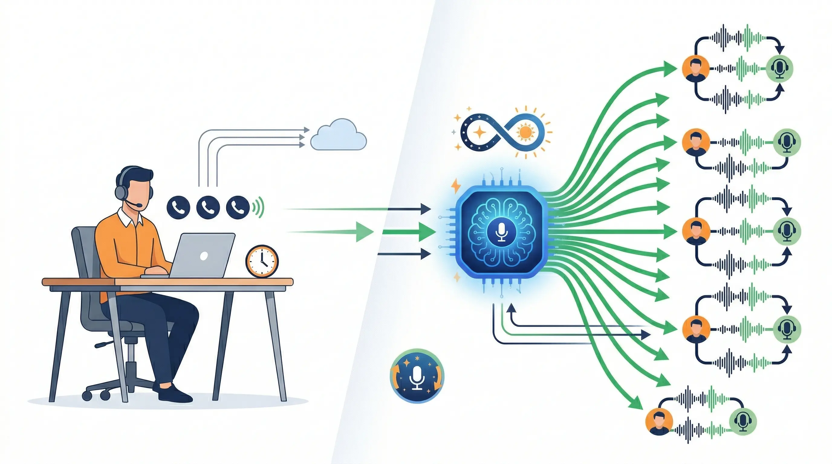 Vector illustration comparing human SDR and AI voice agent: left side shows a human at a desk making limited calls, right side shows an AI system making hundreds of simultaneous calls with multiple conversation lines. Fully colored, white background, emphasizing scale and speed differences.