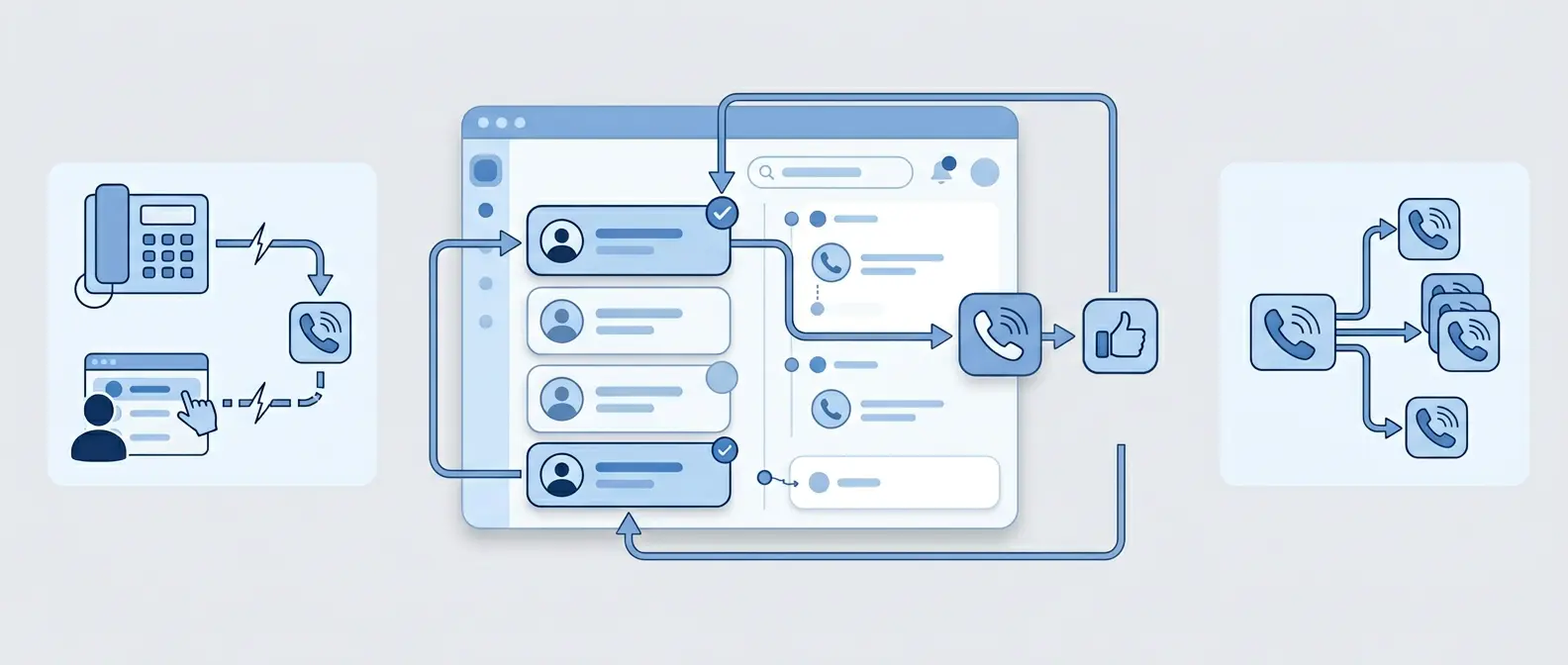 Minimal vector illustration on a white background showing a CRM dashboard with a contact list and call activity timeline, connected in a smooth automated flow from contact to call to outcome to next step. A central power dialer workflow is depicted with clean arrows and icons (phone, checkmark, clock, notes), while smaller side visuals contrast manual dialing as a fragmented, step-by-step process and predictive dialing as multiple overlapping calls. The design emphasizes structured, CRM-native automation and continuous call progression without manual logging.