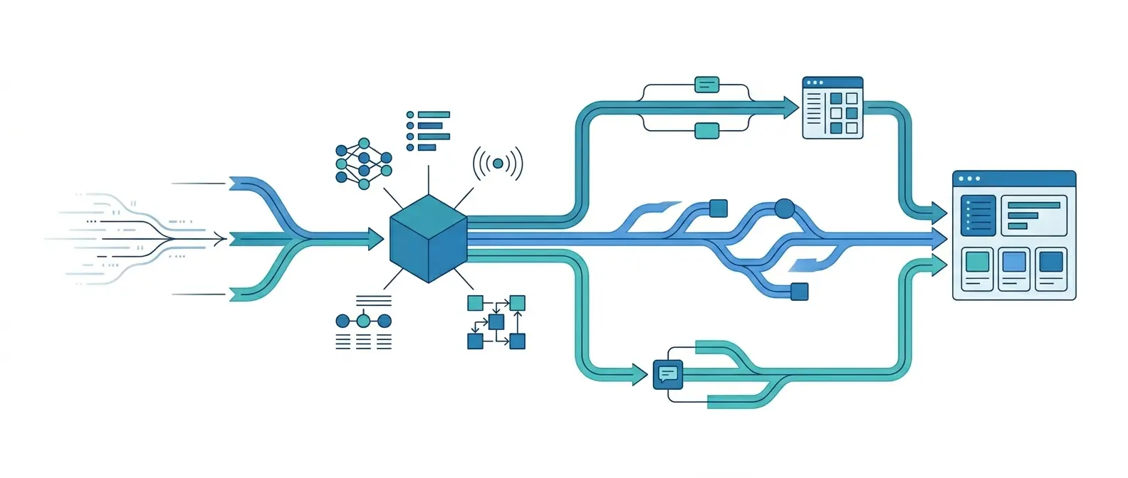 Minimal SaaS-style illustration showing a decision framework that routes incoming customer interactions to an AI voice agent, human representative, or SMS bot, with all paths leading to structured CRM data outputs.