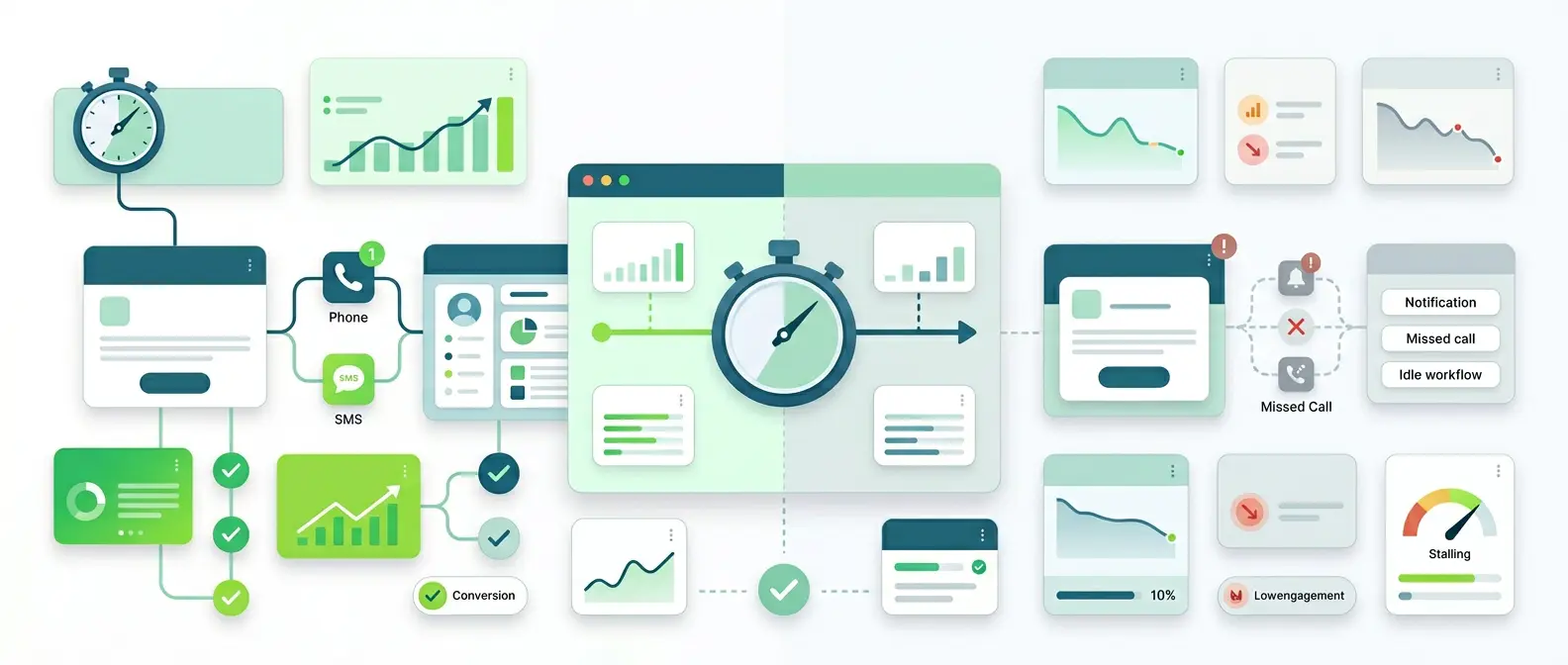 Wide enterprise SaaS illustration on a white background showing a central five-minute countdown timer separating two lead response systems: on the left, an instant-response workflow with lead forms, phone and SMS widgets, CRM panels, and rising analytics; on the right, a delayed-response workflow with queued leads, waiting indicators, missed-call icons, and declining analytics, all presented as clean, fully colored dashboard elements in a modern, professional layout.