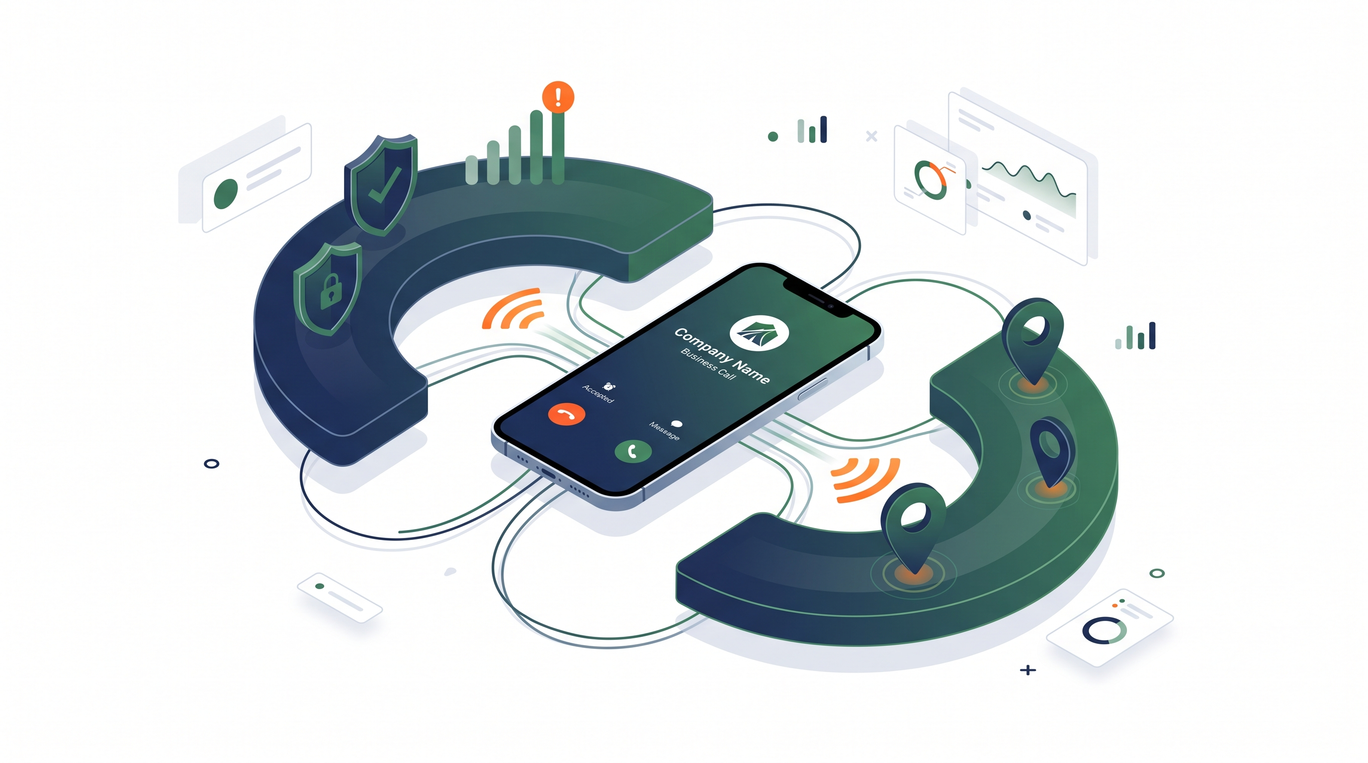 A minimal SaaS illustration on a white background showing a smartphone surrounded by three connected layers representing reputation protection, business identity, and local presence, working together to improve outbound call answer rates.