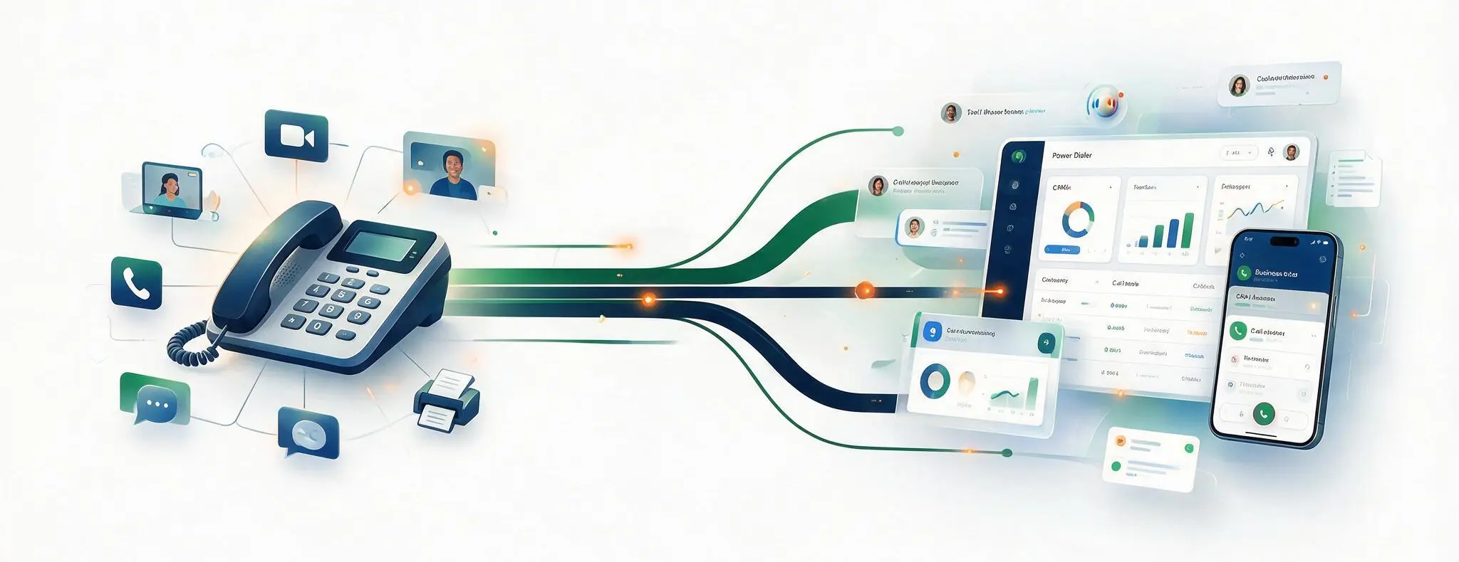 A clean SaaS illustration on a white background showing the evolution from a traditional business phone system to a CRM-first sales platform with integrated dialing, AI, analytics, and customer relationship management.