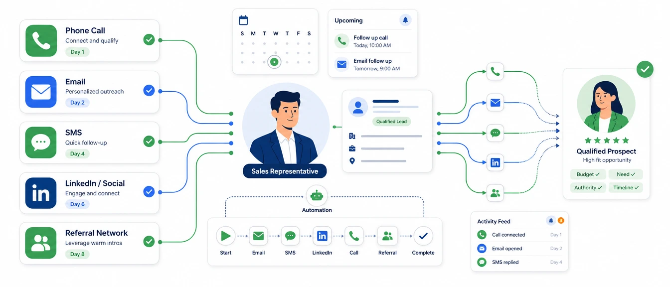 Illustration of a multichannel outbound sales strategy combining phone calls, email, SMS, social selling, and referrals to engage prospects.