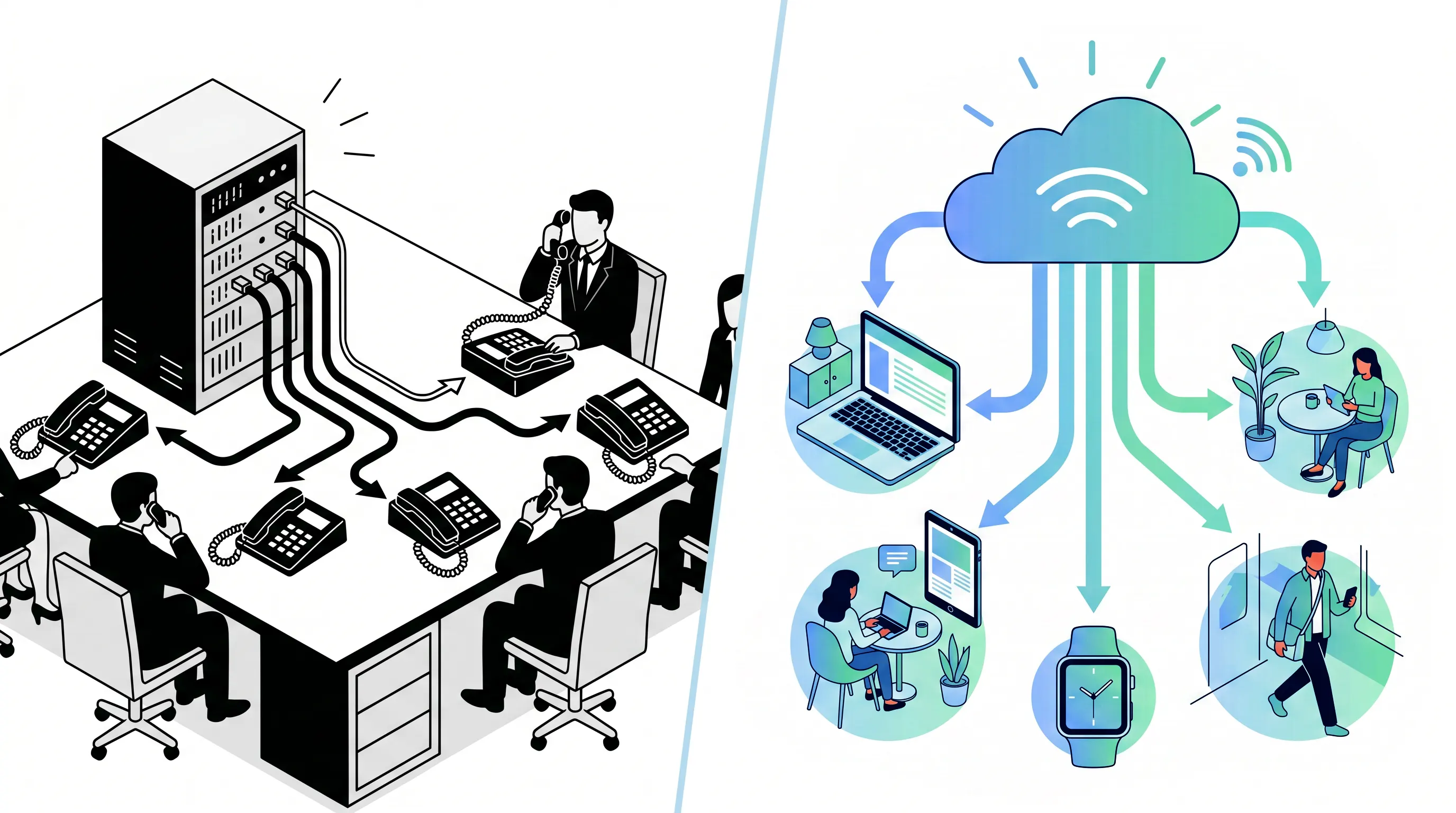 Illustration comparing a traditional office PBX with desk phones to a cloud-based phone system where extensions work across laptops and mobile devices.