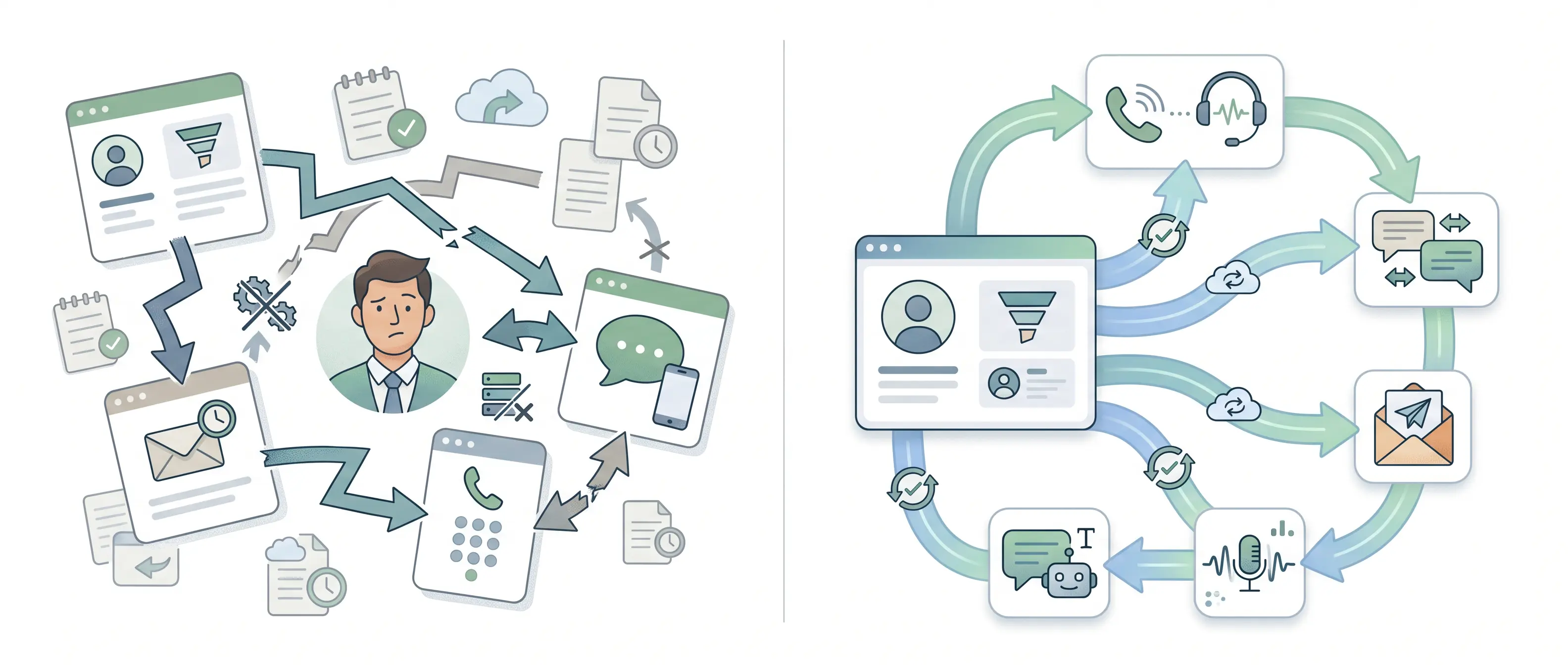 Comparison illustration showing fragmented versus unified sales engagement workflows. On the left, a salesperson is surrounded by disconnected tools, including CRM records, email, phone, documents, notes, and messaging apps, with arrows pointing in multiple directions to represent manual processes and administrative overhead. On the right, a centralized CRM dashboard connects seamlessly to calling, messaging, email, AI voice, and chatbot tools through synchronized workflows, illustrating streamlined multichannel engagement and automation.