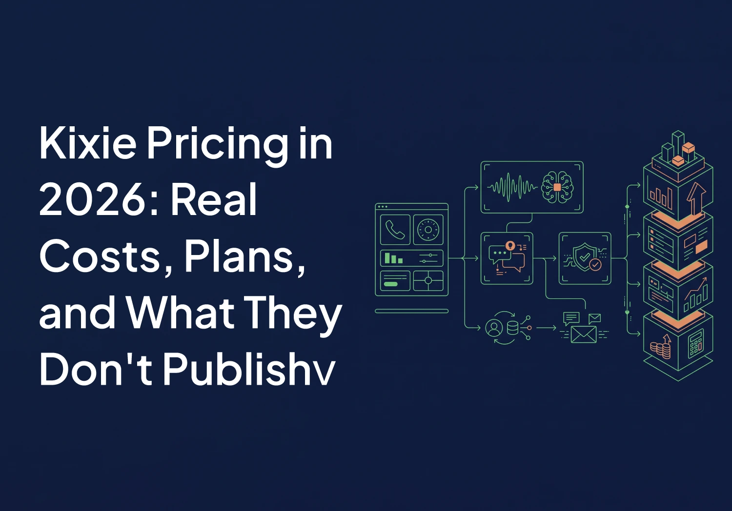 Minimal enterprise SaaS illustration on a deep navy blue background featuring thin green and orange linear elements arranged in a calm, asymmetrical composition. Abstract workflow components, lightweight interface panels, subtle analytics indicators, conne