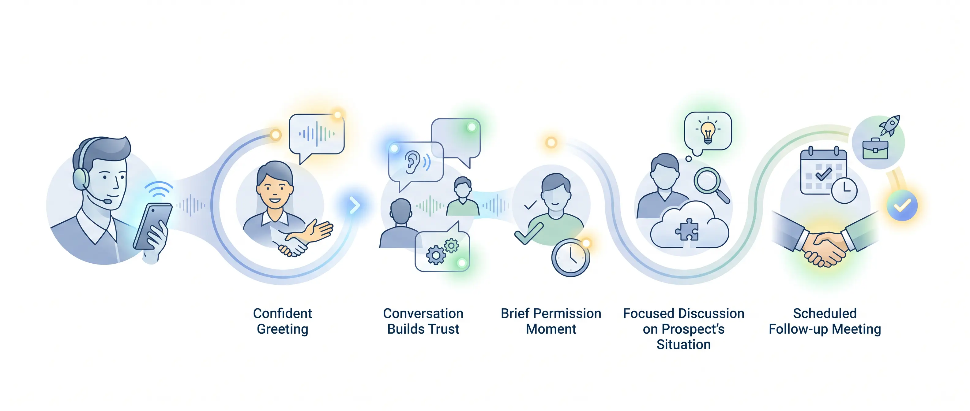 Illustration of a successful cold call journey, showing a salesperson greeting a prospect, explaining the reason for the call, building trust through conversation, and scheduling a follow-up meeting.