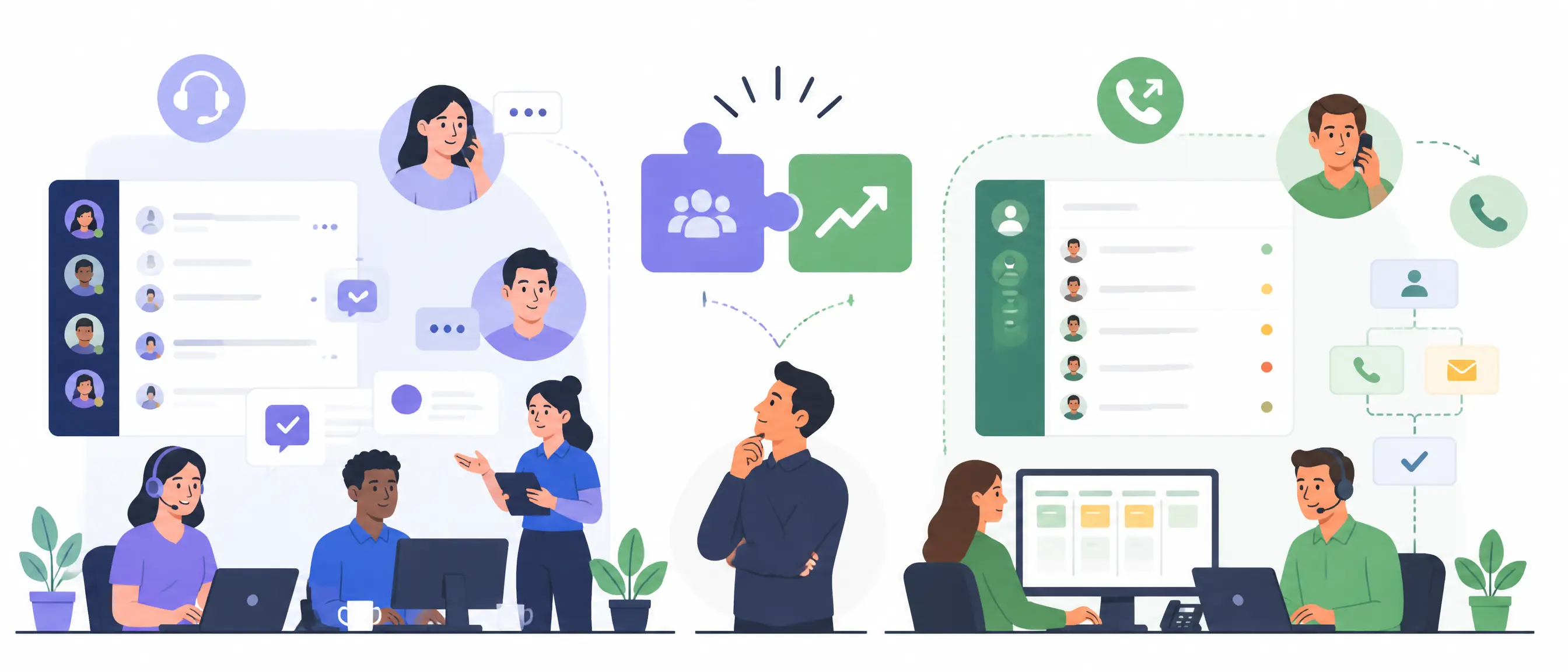 Illustration comparing a small business communication workflow with a high-volume outbound sales workflow, highlighting different business phone system requirements.
