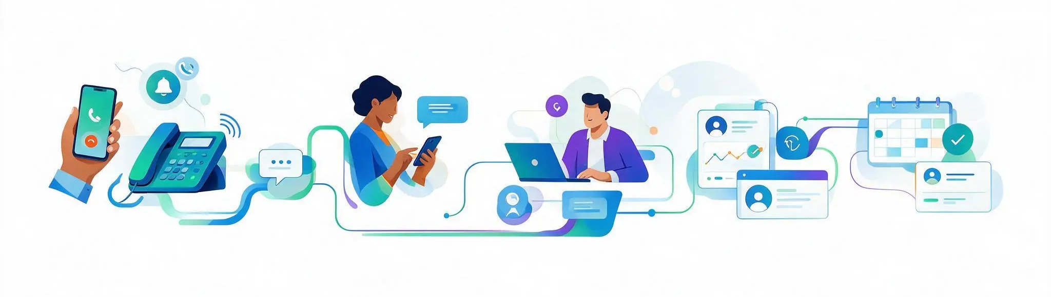 Illustration showing the complete missed call text back workflow, from a missed business call to an automated text message, customer reply, CRM update, and booked appointment.