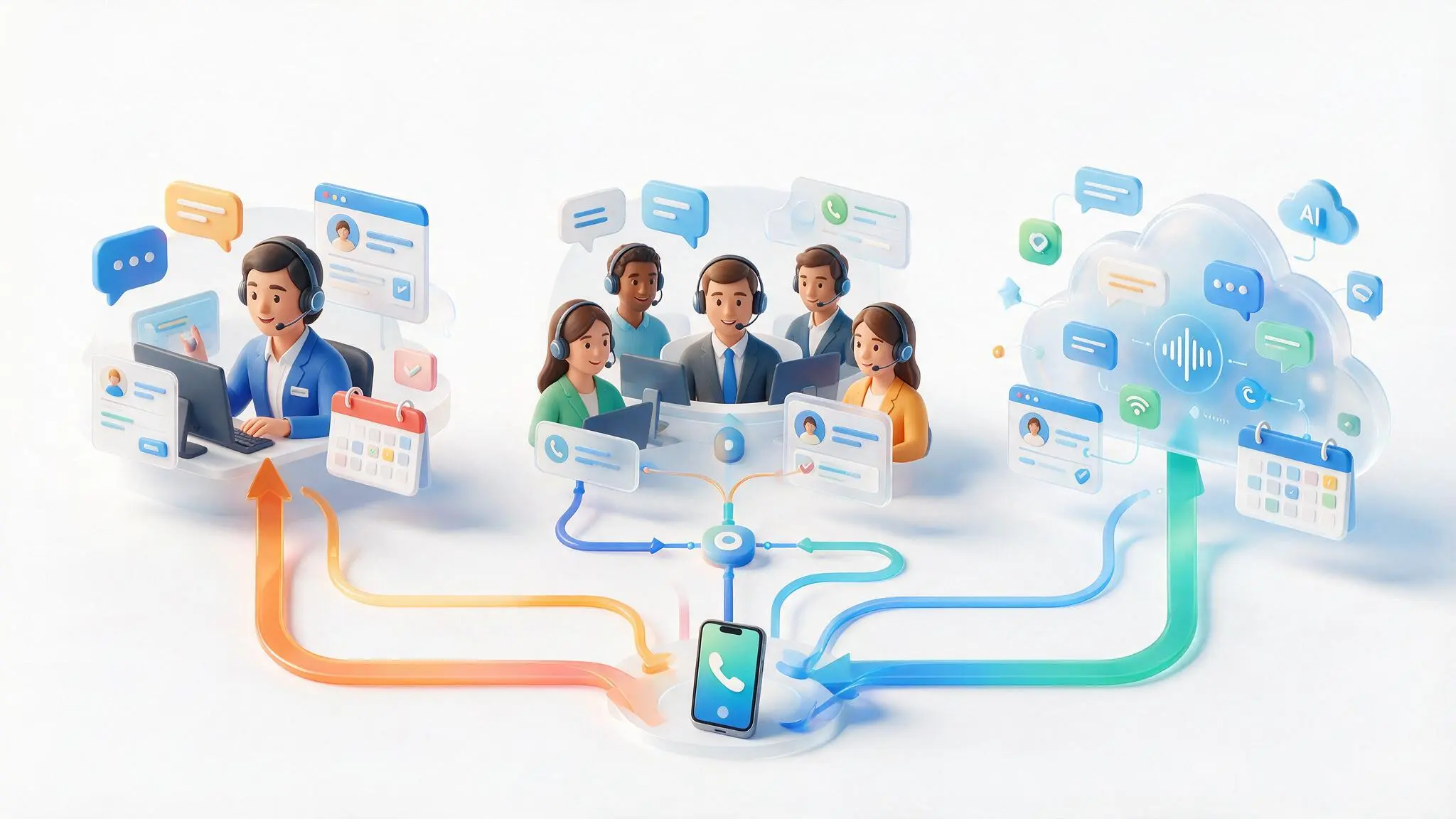 Illustration comparing three bilingual call coverage models: in-house staff, human answering service, and AI voice agent with CRM integration.