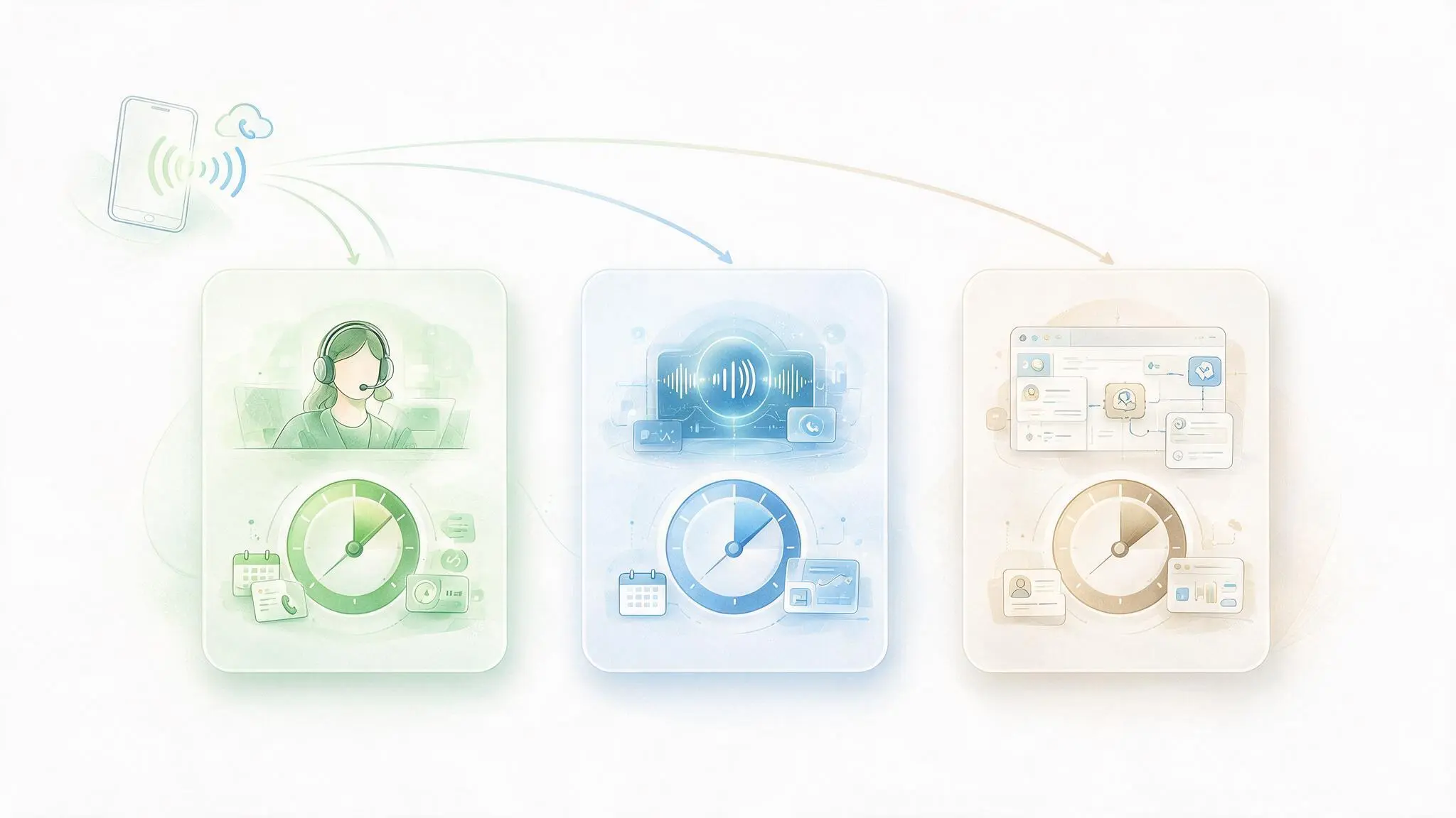 Comparison of human answering service, standalone AI receptionist, and CRM-integrated AI voice agent for after-hours phone coverage.