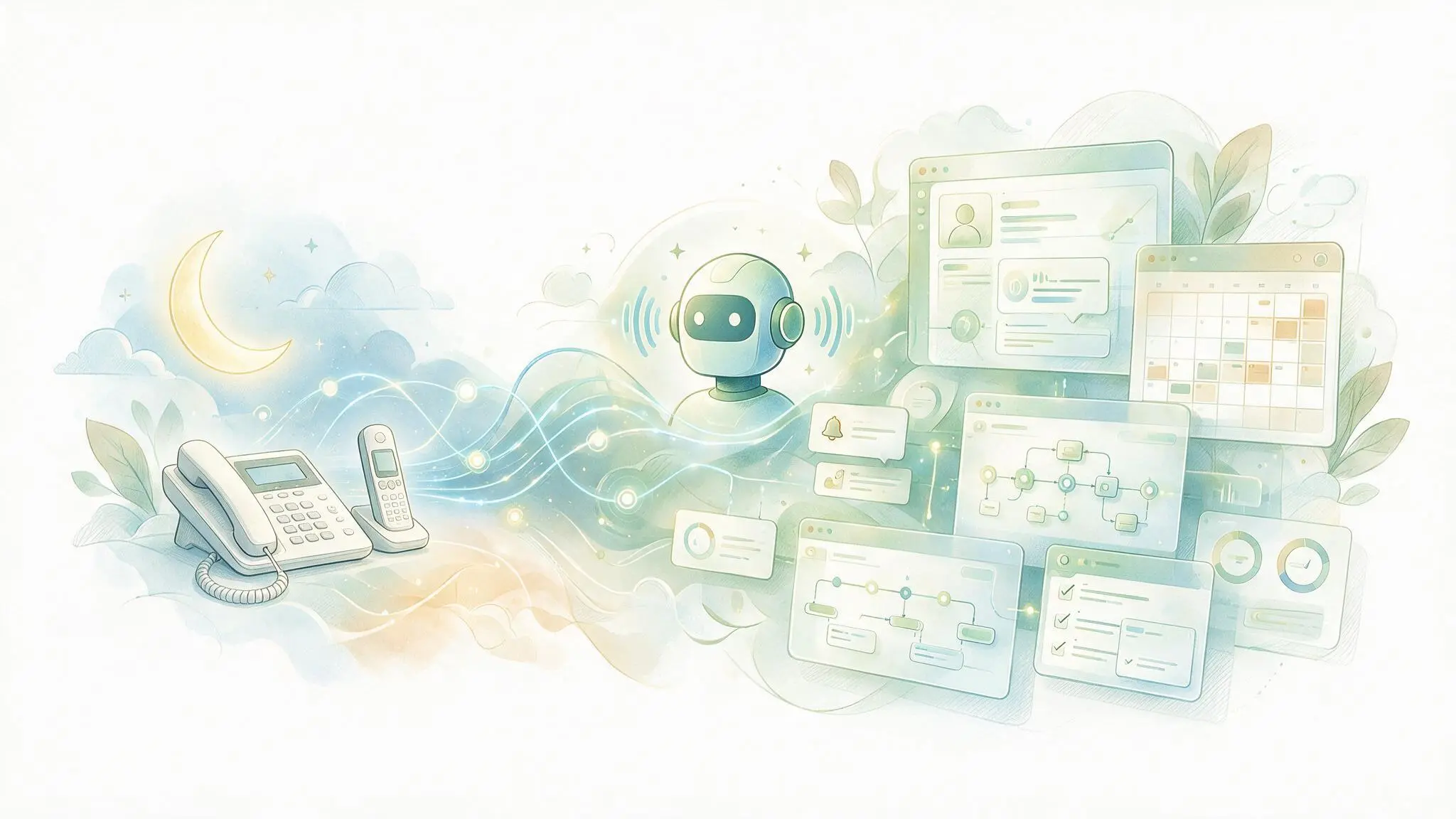 AI voice agent answering after-hours business calls and automatically creating CRM records, appointments, and follow-up workflows.