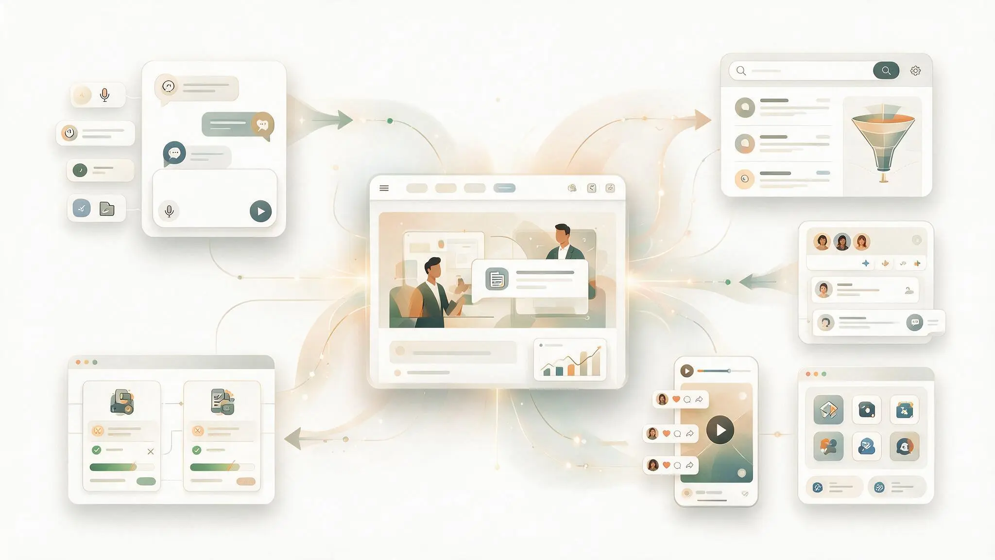 Illustration of multiple digital lead generation channels—including AI search, search engines, comparison pages, videos, forums, and marketplaces—driving potential customers to a business website.