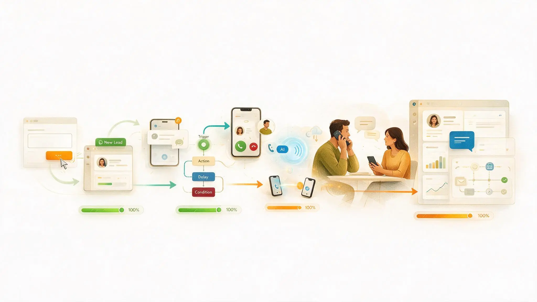 Workflow showing a new lead moving from form submission to CRM, instant SMS, automated power dialer, AI voice agent, and a successful customer conversation with automatic CRM updates.