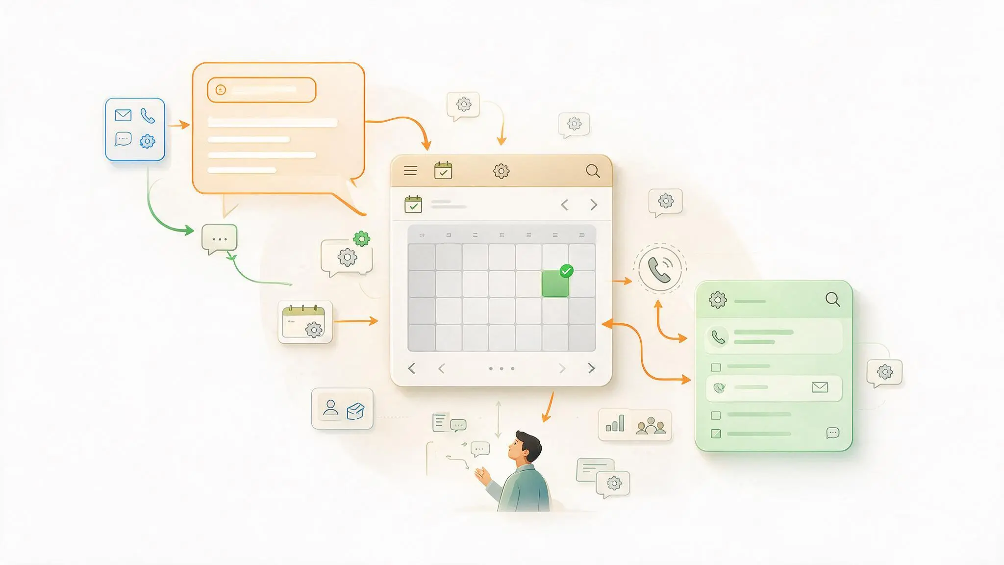 Illustration showing an AI appointment setter booking a meeting while conversation details, CRM context, and outbound follow-up remain disconnected from the appointment.