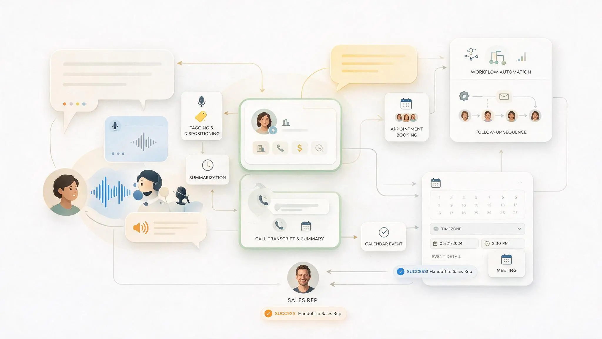 Illustration of an AI voice agent updating a CRM, booking an appointment, and triggering automated follow-up workflows during a customer conversation.