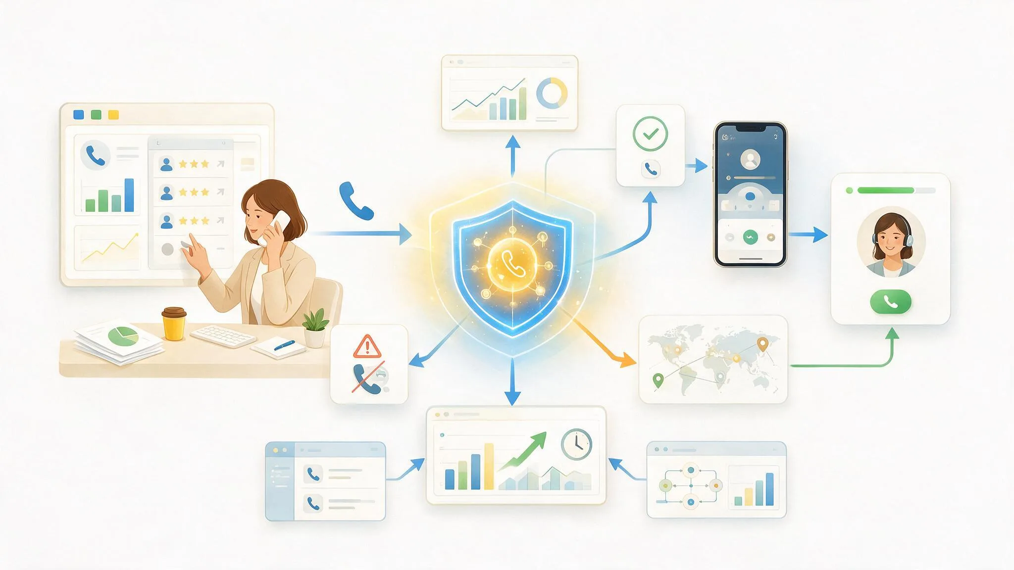 Illustration showing outbound call answer-rate optimization using number reputation monitoring, branded caller ID, and local presence before connecting calls to customers.