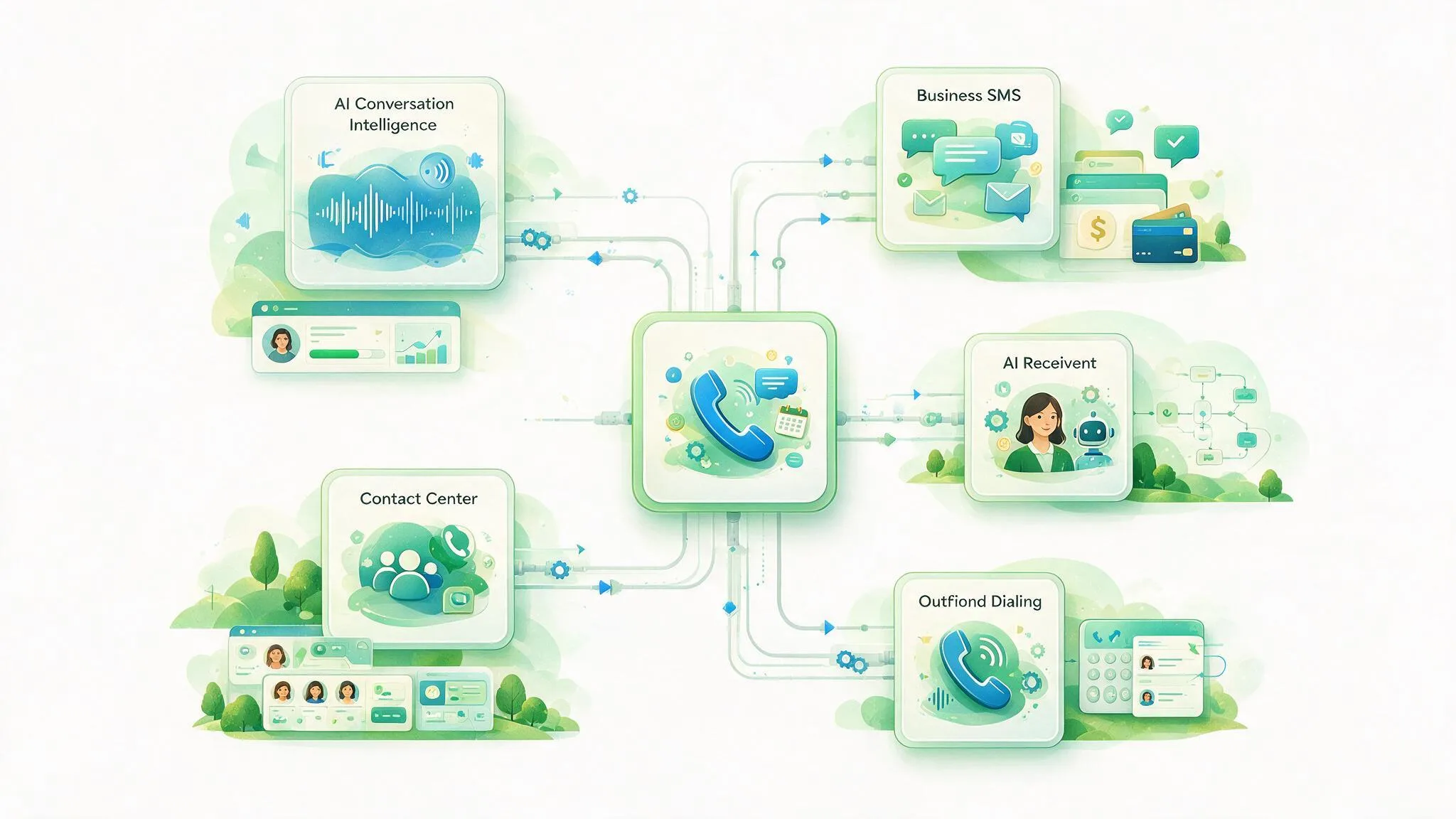 Alt text: Illustration showing a business phone subscription with separate add-on modules for AI analytics, SMS, outbound calling, and contact center capabilities.