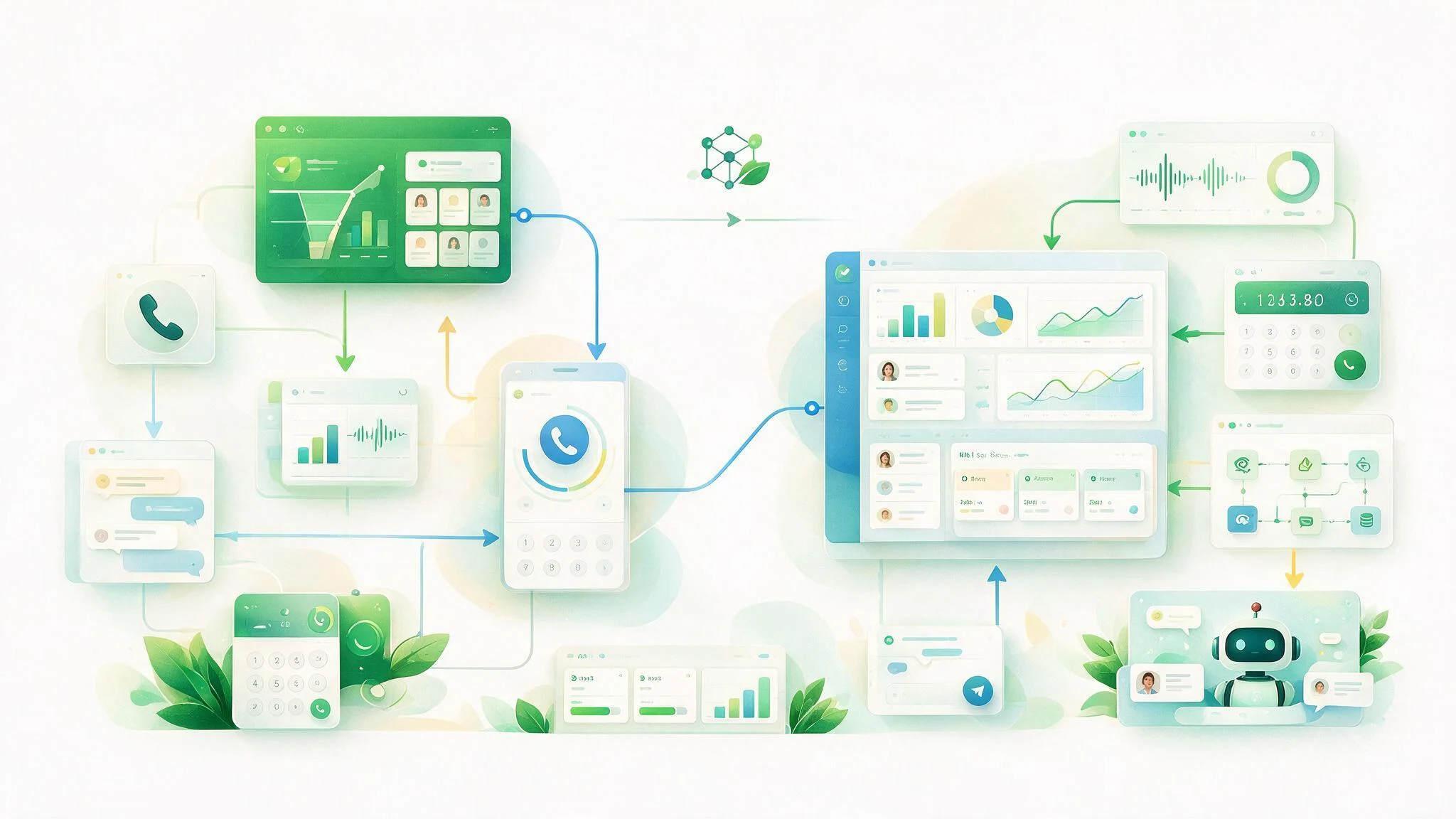Illustration comparing a modular business communications suite with a unified CRM-native sales platform that combines dialing, AI, and CRM workflows.