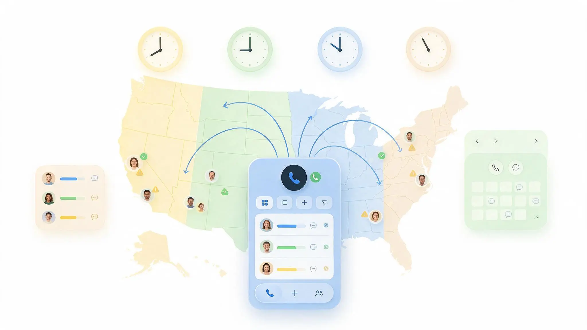 Illustration showing outbound calls across multiple U.S. time zones, highlighting that legal calling hours depend on each contact's local time rather than the caller's office time.