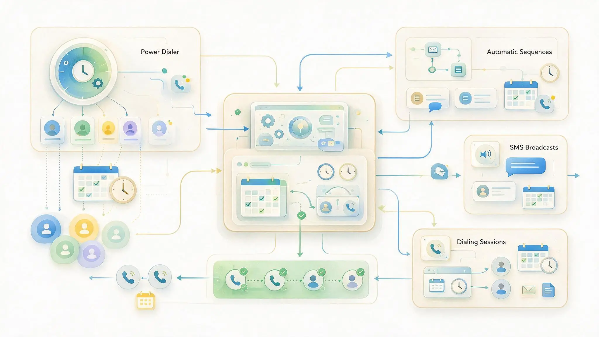 Illustration of outbound calling compliance using coordinated scheduling across power dialing, automated sequences, broadcasts, and CRM workflows with time-zone-aware routing.
