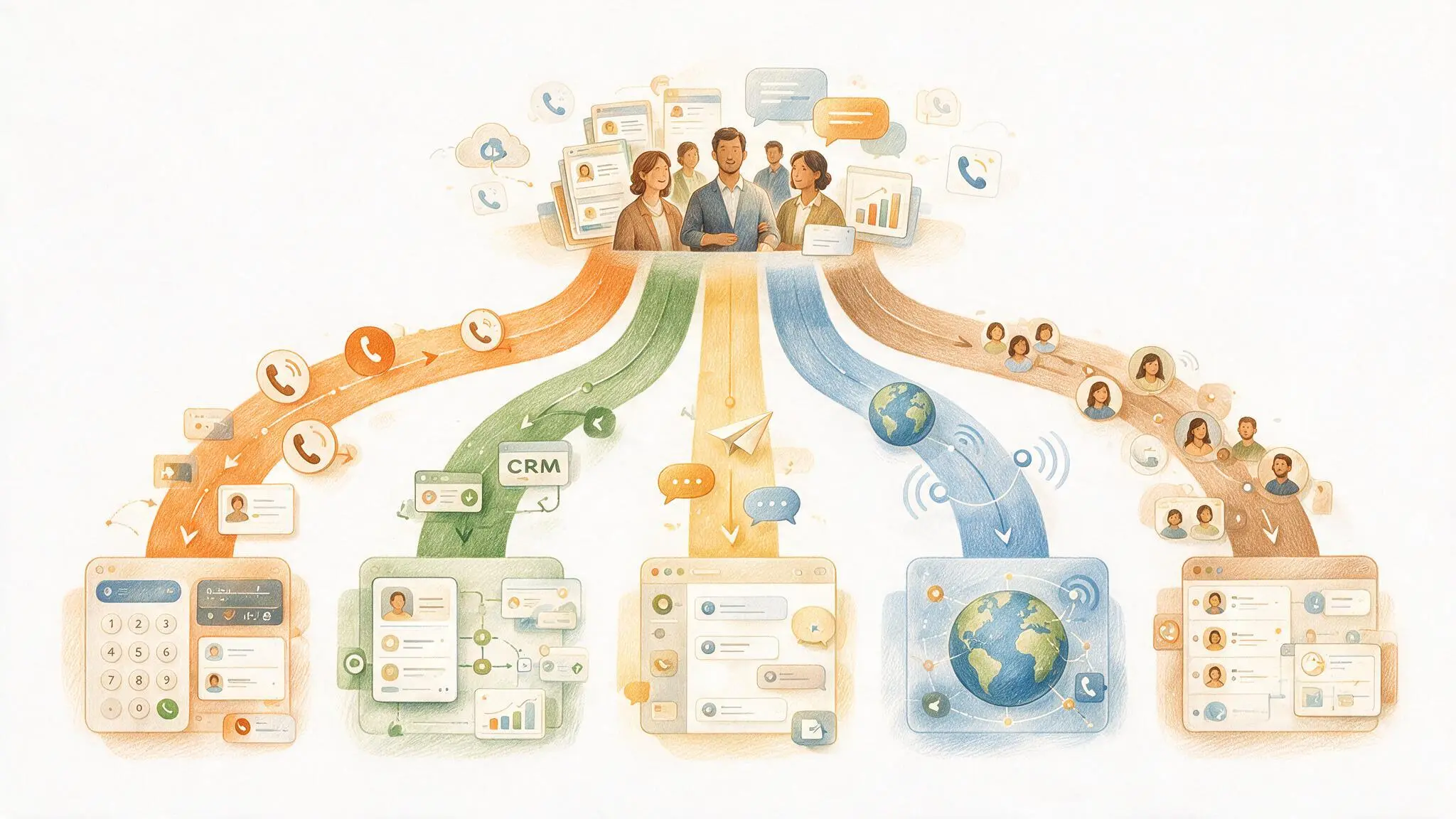 Illustration of a business phone software evaluation framework showing outbound dialing, CRM integration, caller reputation, pricing, and compliance criteria used to compare communication platforms.