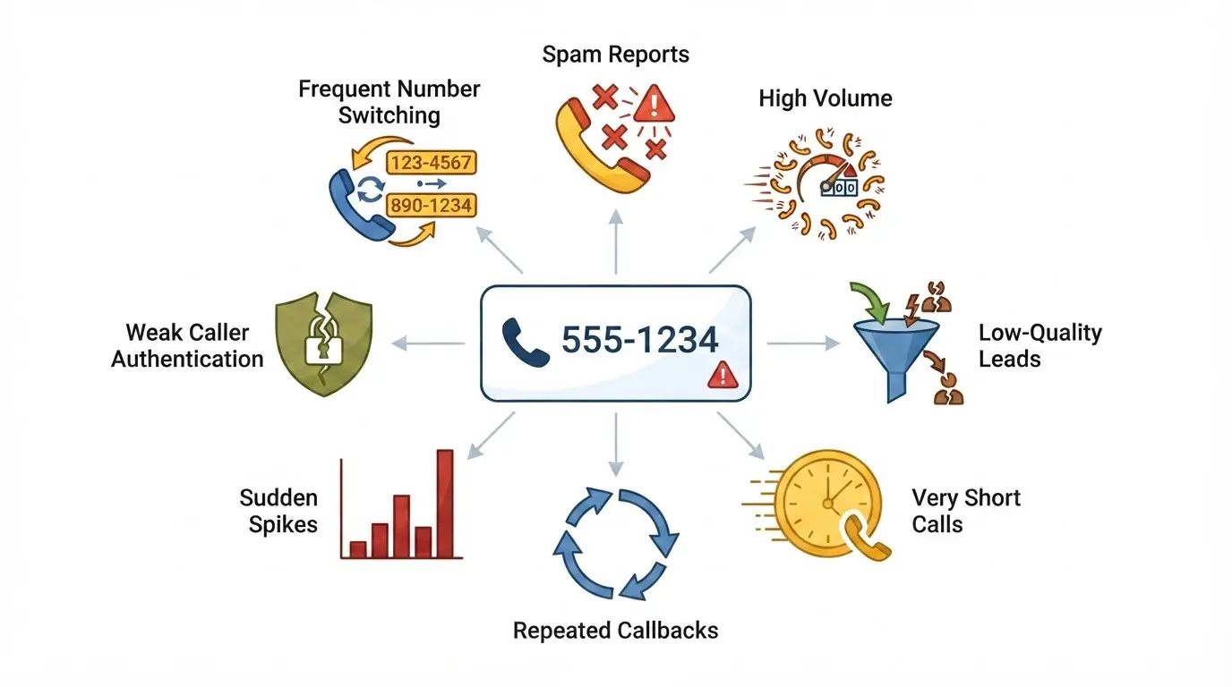 Minimal infographic showing seven warning signals that can cause a phone number to be flagged as spam: frequent number switching, spam reports, high call volume, weak caller authentication, low-quality leads, sudden call-volume spikes, repeated callbacks, and very short calls. A central phone number labeled “555-1234” connects to each warning signal with arrows.
