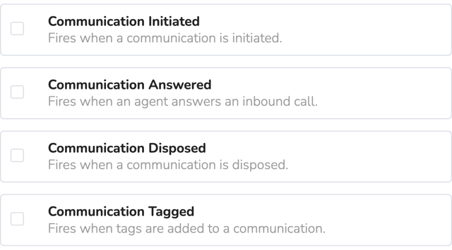 Communication Answered and Communication Tagged webhook events