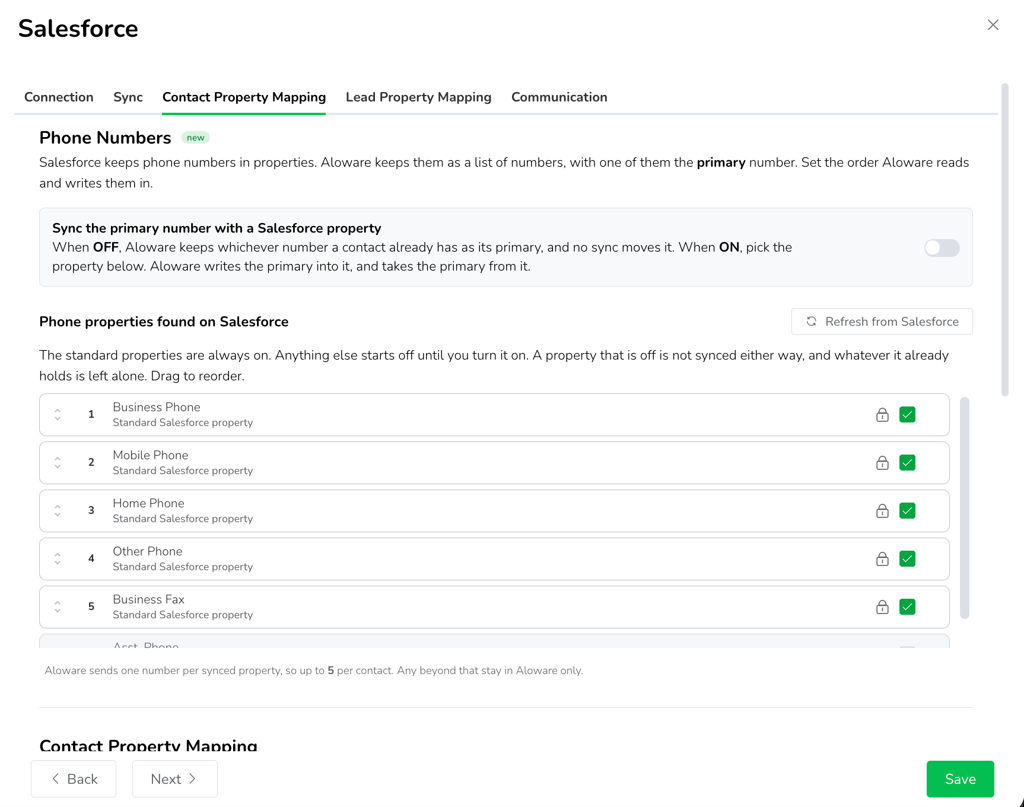 Salesforce phone fields in Contact Property Mapping