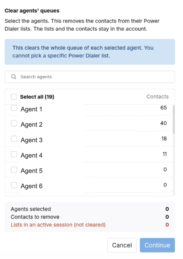 Clear agents queues window in the Power Dialer