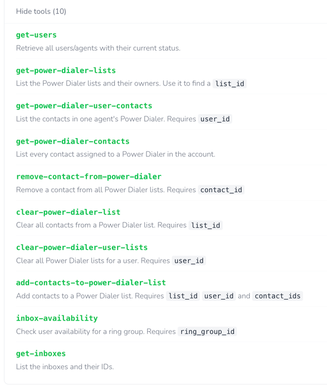 Power Dialer tools listed in the Aloware MCP settings