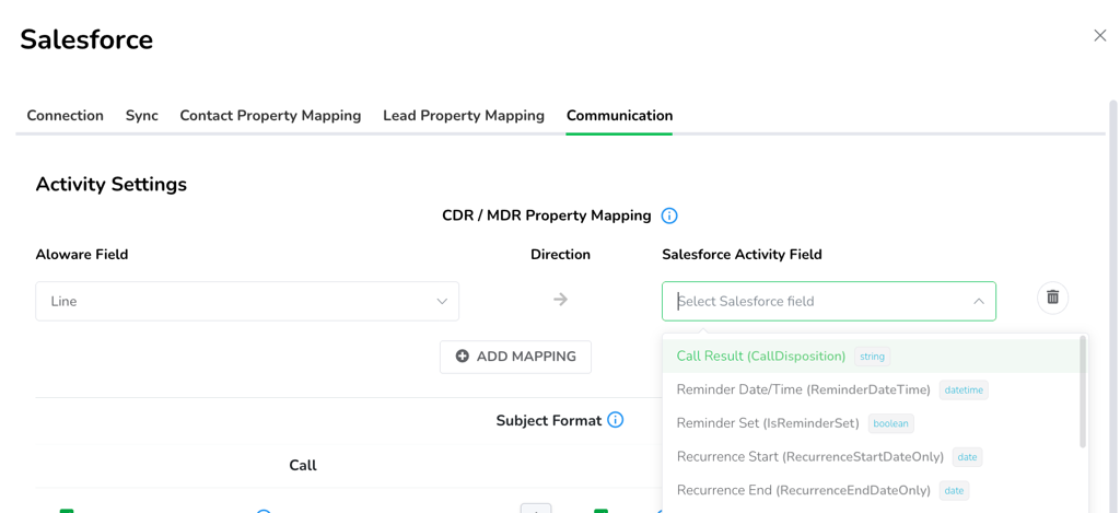 Line mapped to a Salesforce activity field