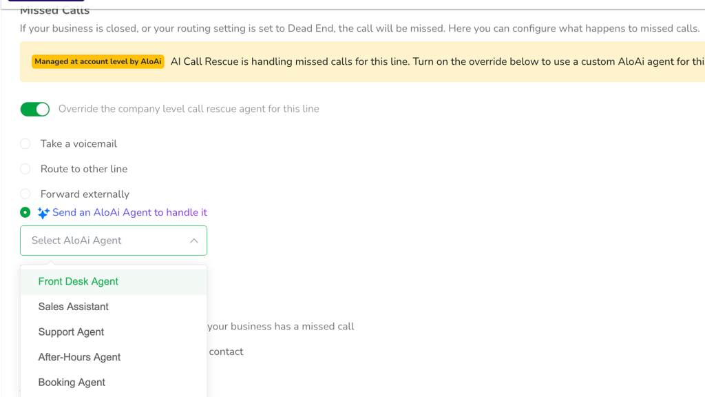 Line missed call settings with an AloAi agent overriding AI Call Rescue