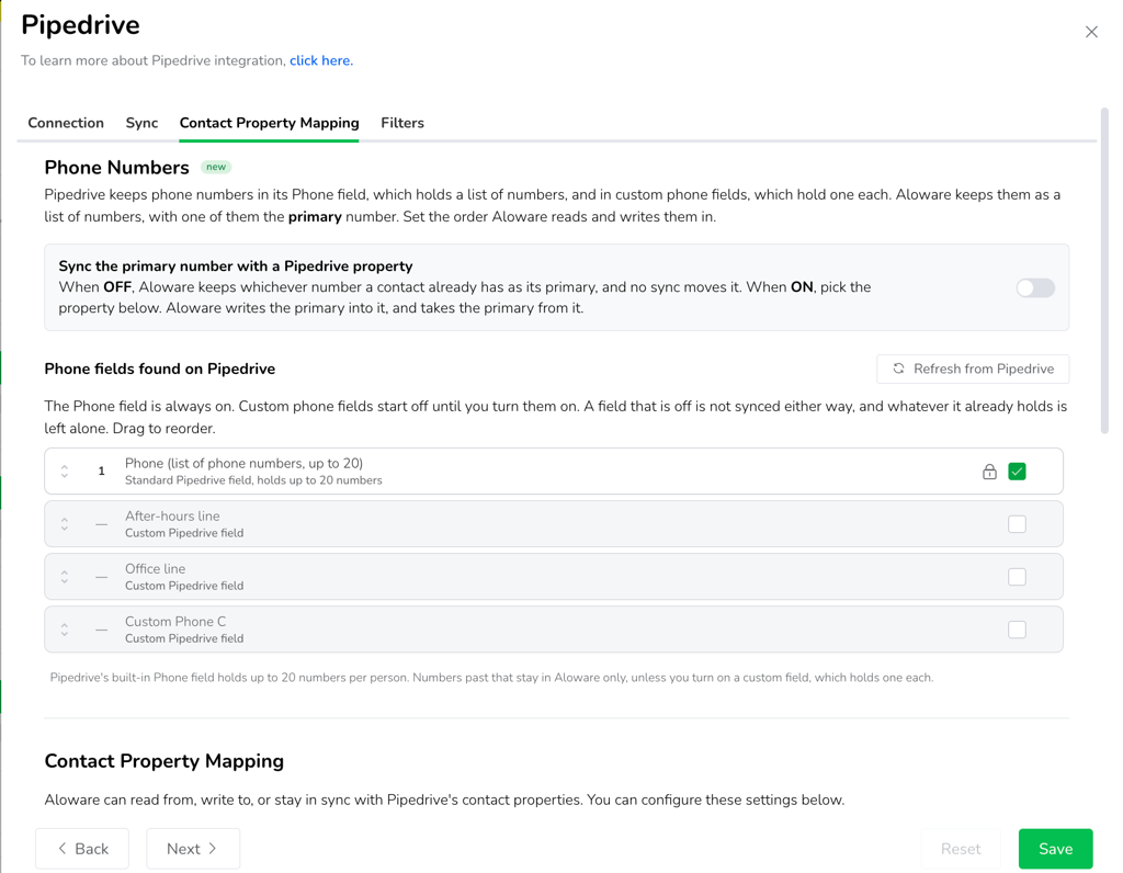 Pipedrive settings tabs and phone fields