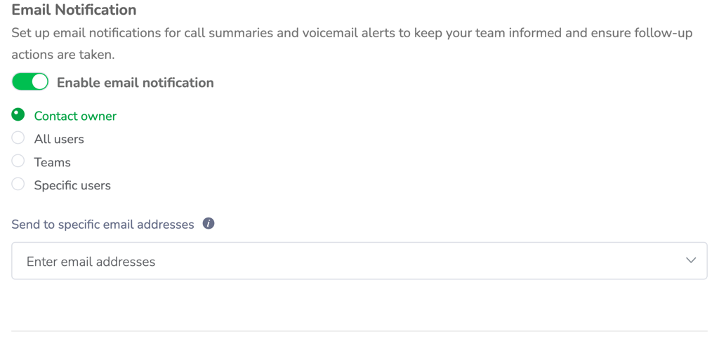 Email notification settings in Post-Call Actions
