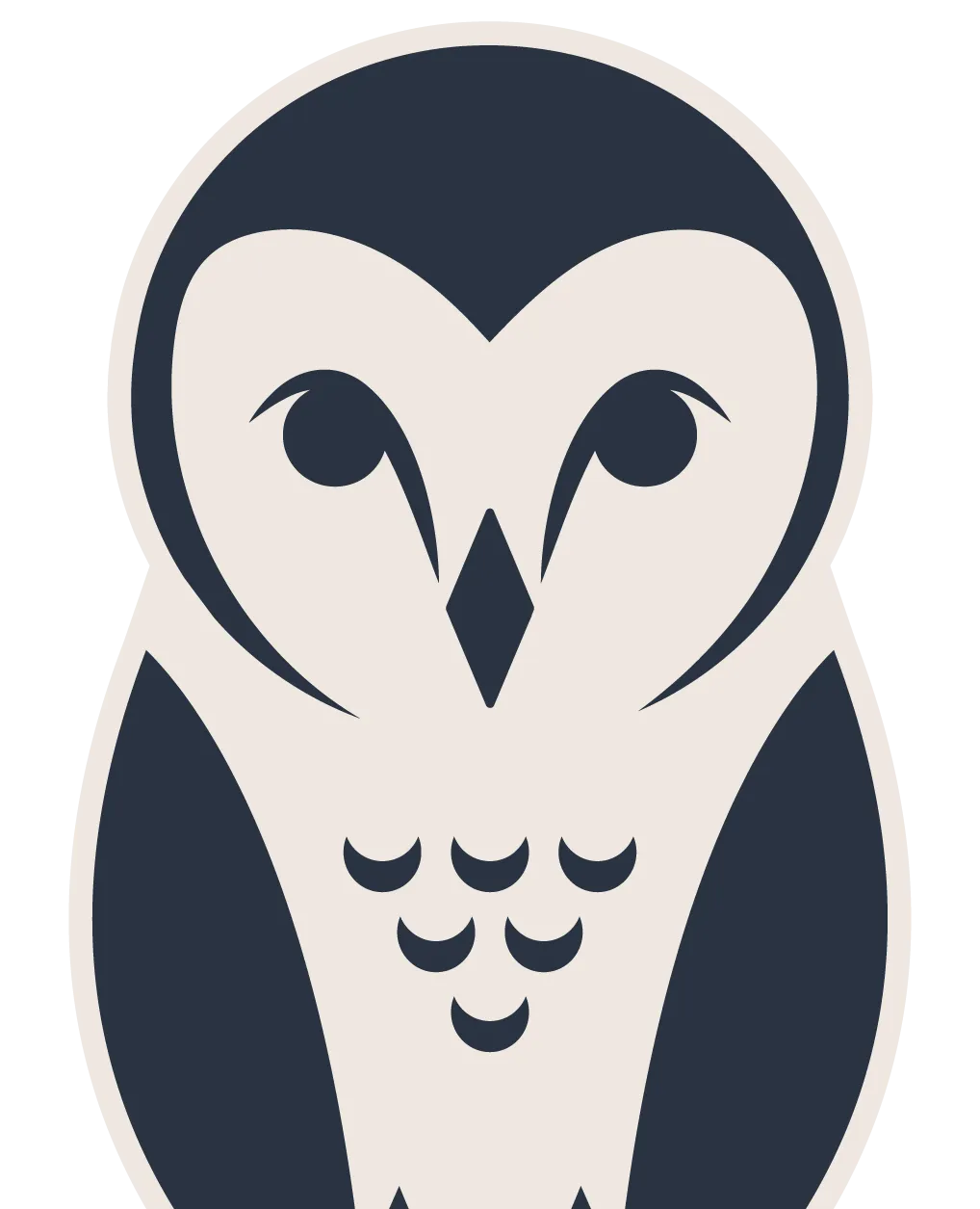 Stylized graphic of an owl with a heart-shaped face and layered feathers in dark and light tones.