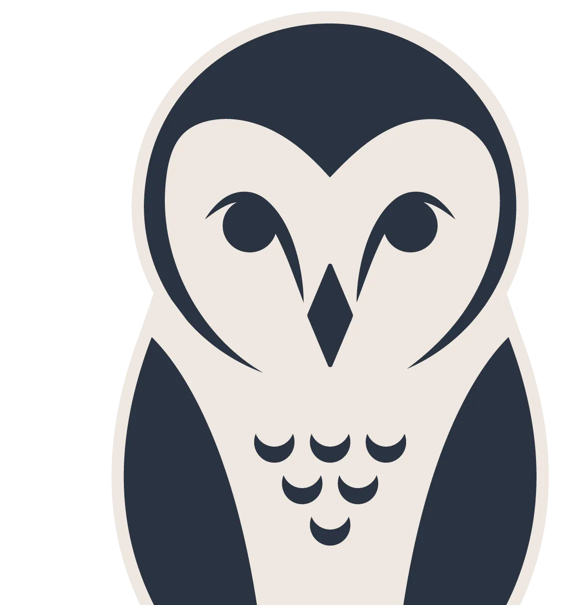 Stylized graphic of an owl with a heart-shaped face and simplified feather details.