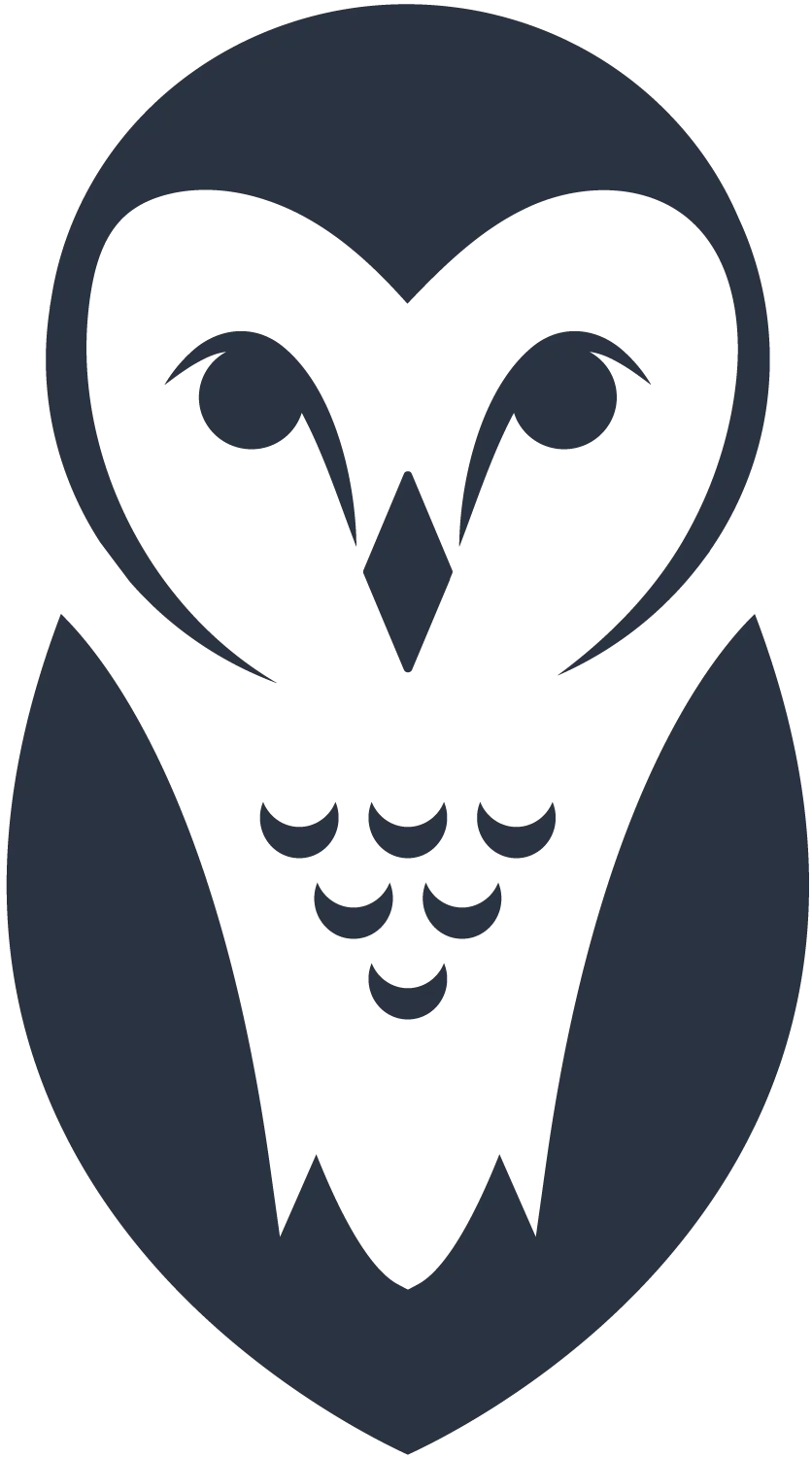 Simplified dark blue owl illustration with a heart-shaped facial disc and stylized body details.