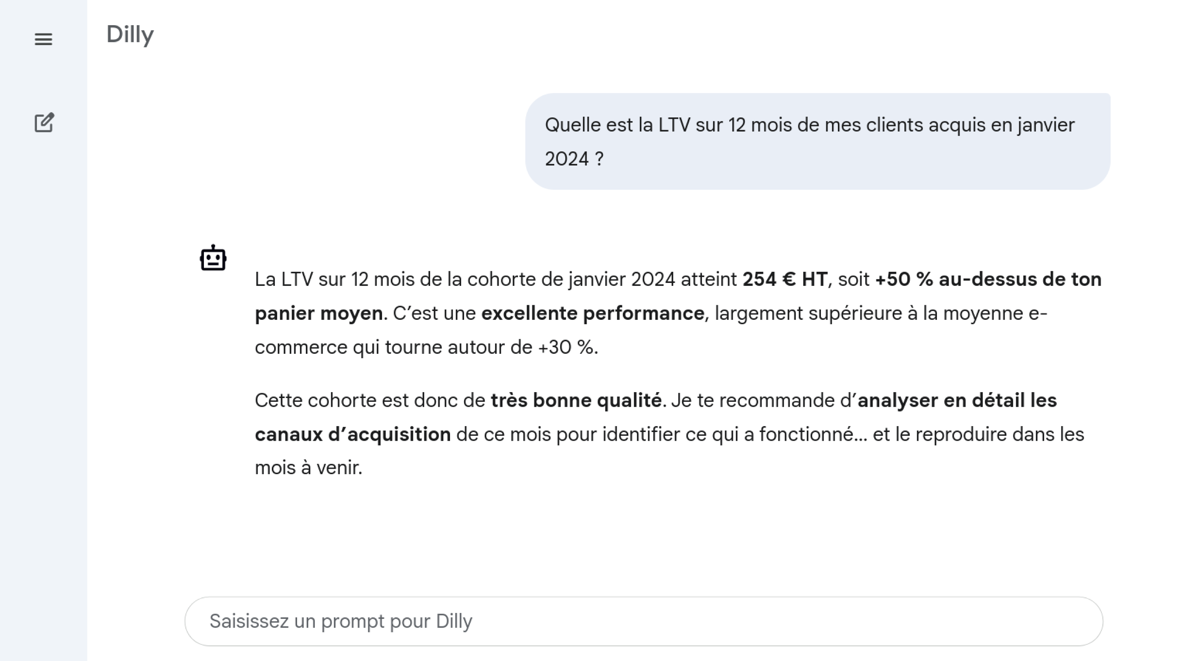 Capture d'écran d'une interface d'assistant IA nommée "Dilly". L'utilisateur demande la LTV (valeur vie client) sur 12 mois pour la cohorte de janvier 2024. L'IA répond que celle-ci est de 254€ HT, une "excellente performance", et recommande d'analyser les canaux d'acquisition de cette période.