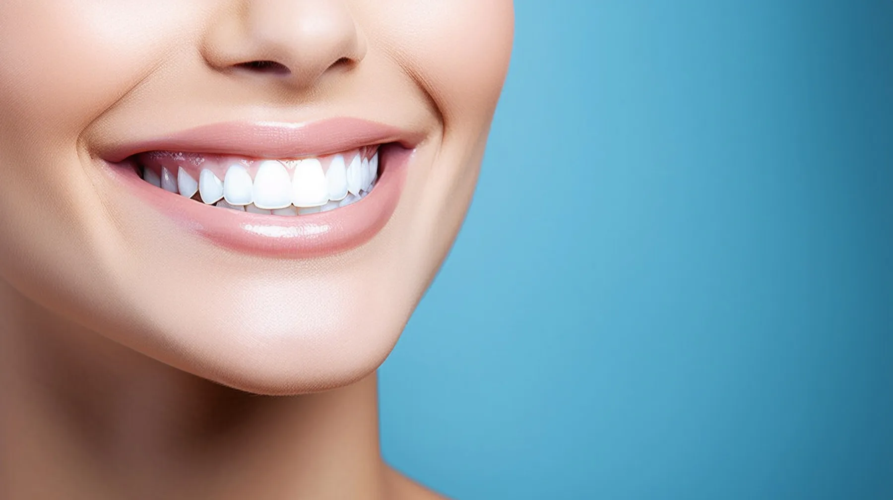 A woman's smile with white teeth on a blue background