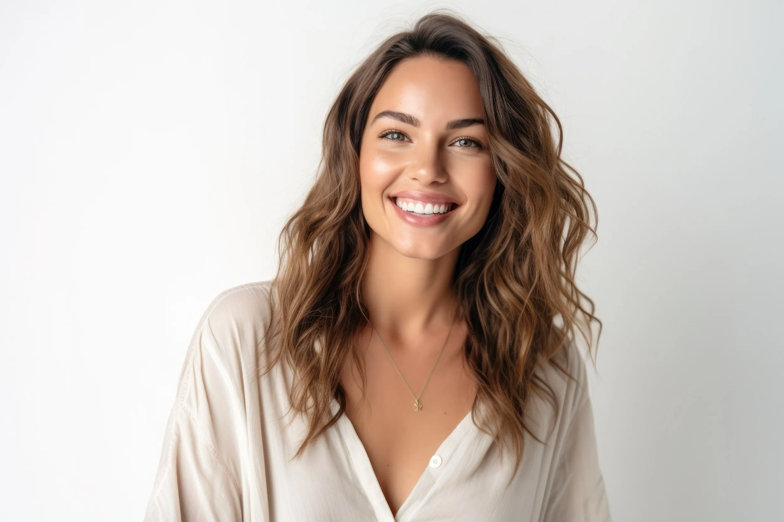 Smiling woman with wavy brown hair in white blouse against neutral background