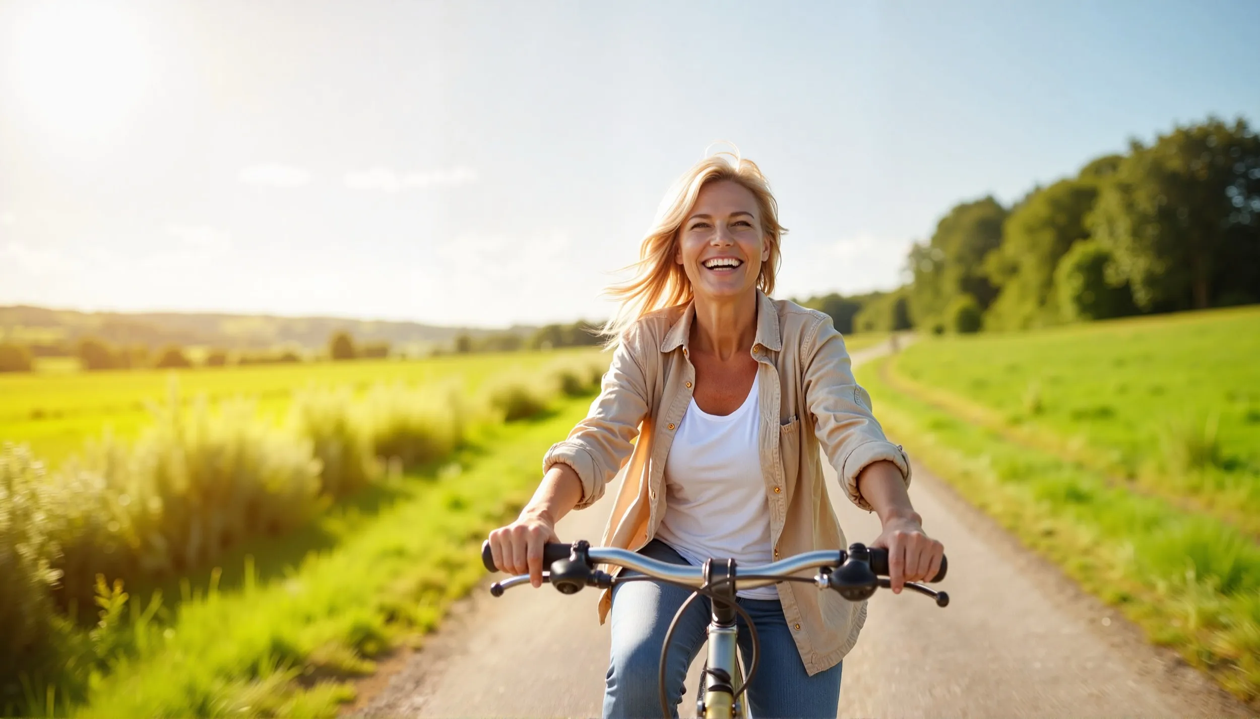 Cheerful woman riding bicycle on sunny rural path with green fields