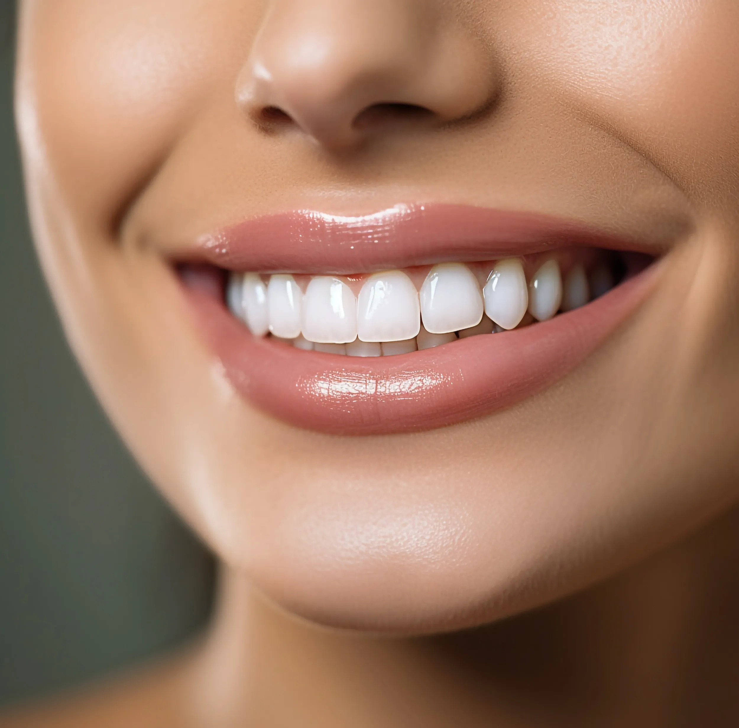 Close-up of bright white teeth and glossy pink lips smiling