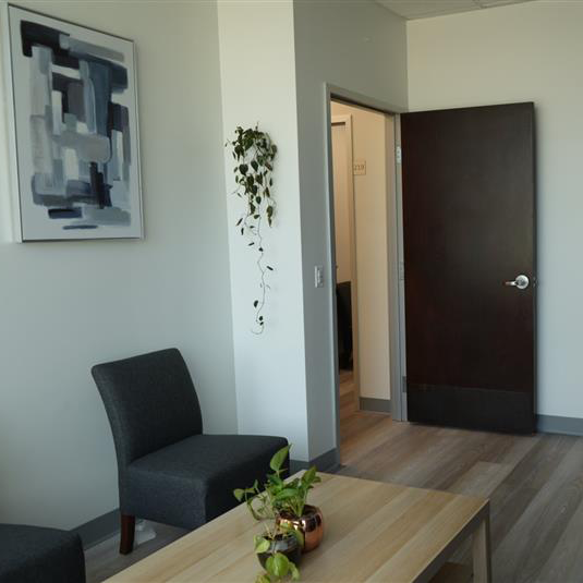 Welcoming seating nook with a dark armchair, wood side table, hanging plants, and modern abstract artwork near the clinic entrance.