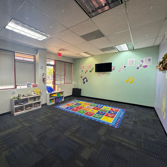 Group learning room with a numbers-and-letters floor rug, wall-mounted screen, low toy shelves, and a soft green accent wall.